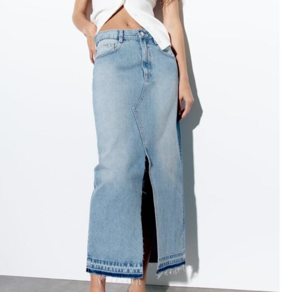 Zara Jean Denim Maxi Skirt Y2K High Waist Distressed Raw Hem Front Slit Skirt